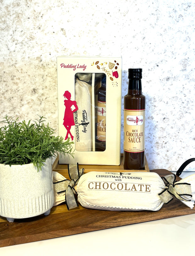 Chocolate Pudding and Sauce gift box showing contents