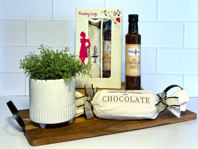 Chocolate Pudding and Sauce gift box showing contents