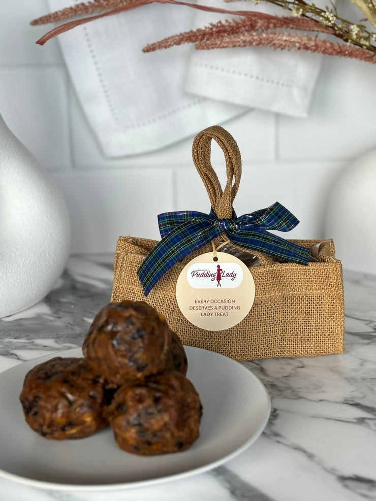 gift bag containing 6 mini gluten free puddings - beautifully presented