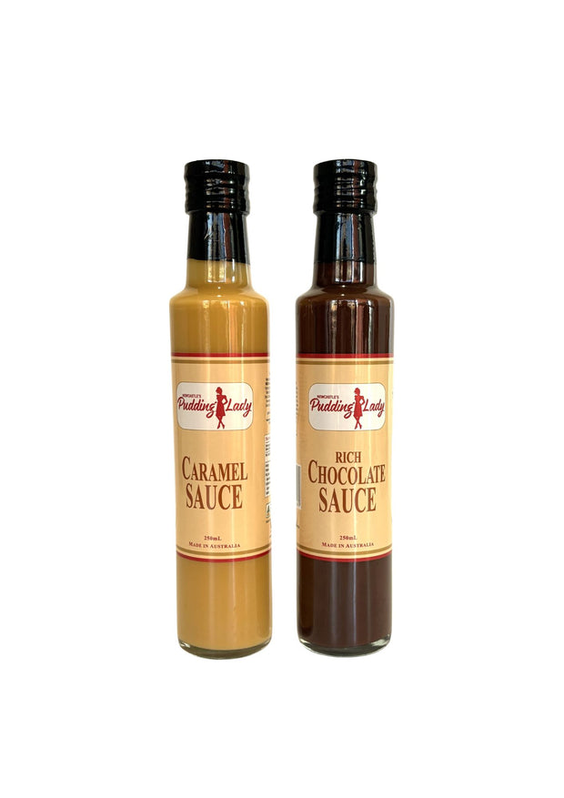 Chocolate sauce and caramel sauce in 250ml bottles