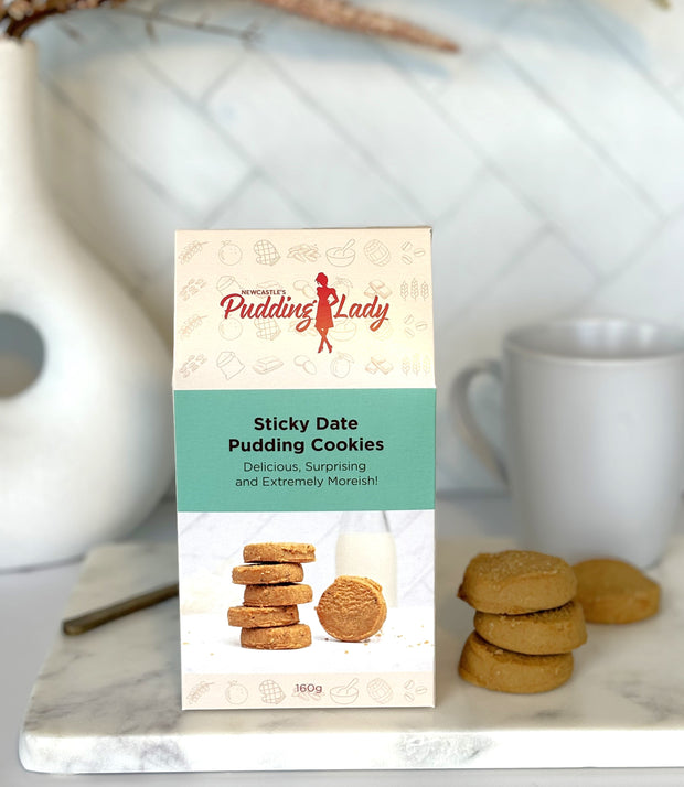 Yummy sticky date pudding cookies in beautiful packaging