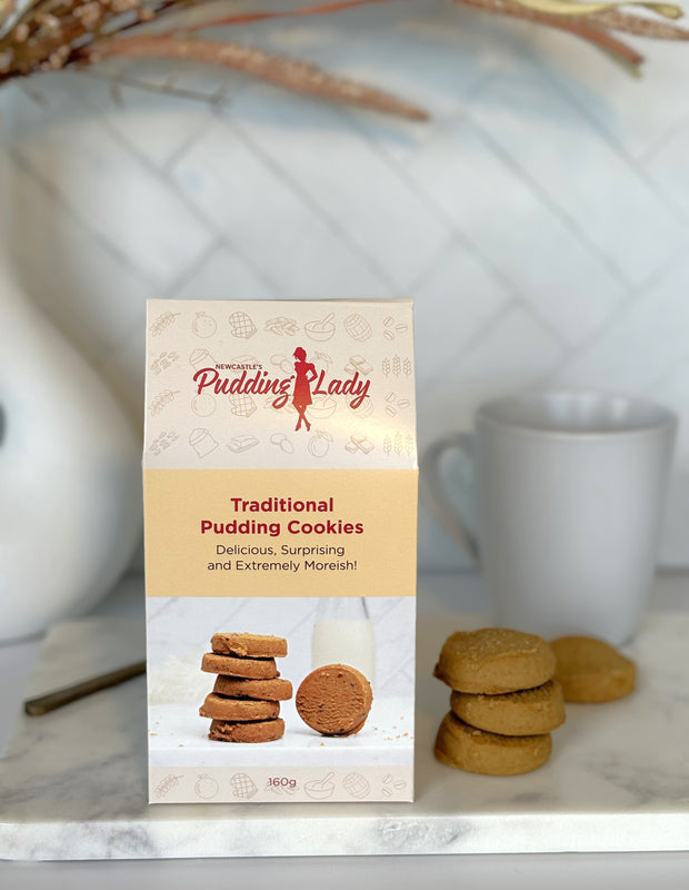 Yummy traditional pudding cookies in beautiful gift box packaging